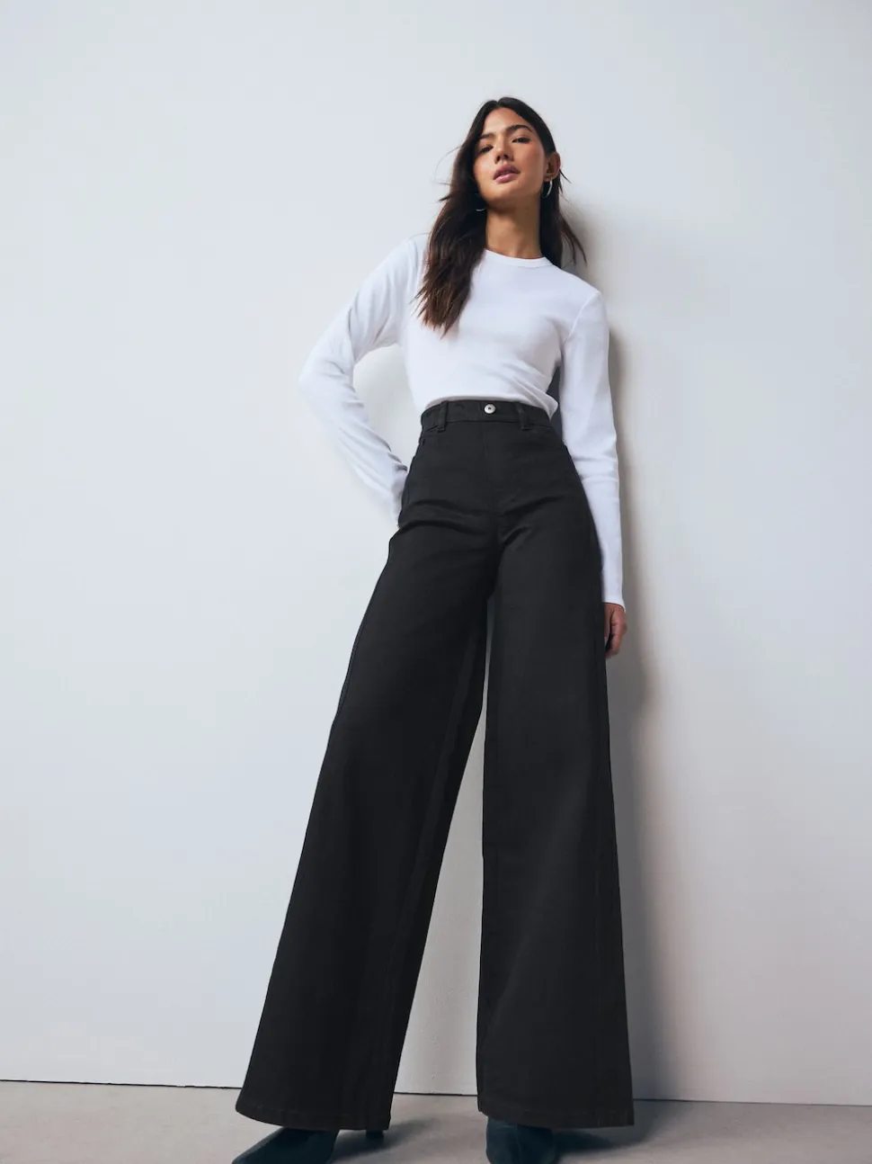 Noir - Jean extensible à enfiler à jambe large taille haute
