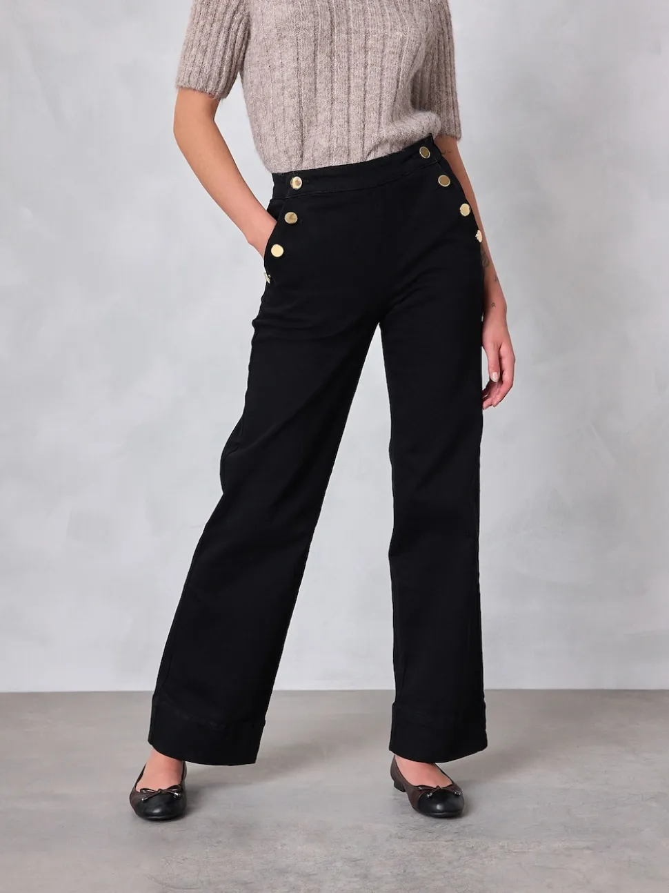 Noir - Jeans Ample Or à boutons sur le devant