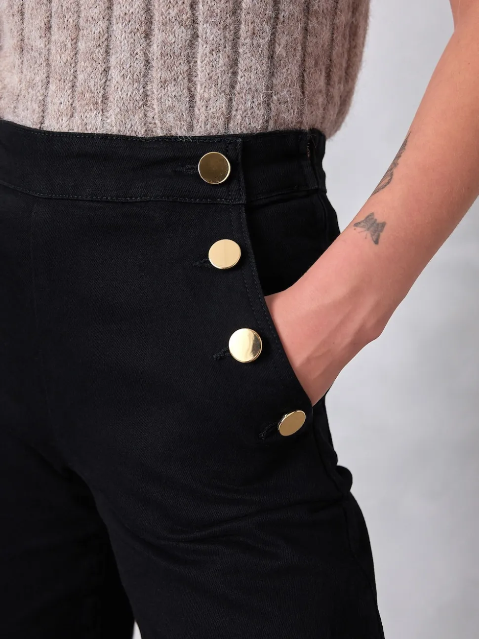 Noir - Jeans Ample Or à boutons sur le devant