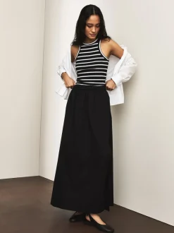 Noir - Jupe mi-longue en coton Blend à taille élastique