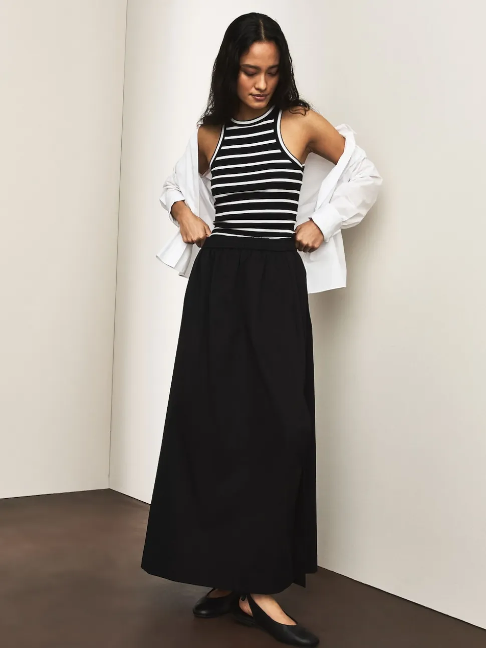 Noir - Jupe mi-longue en coton Blend à taille élastique