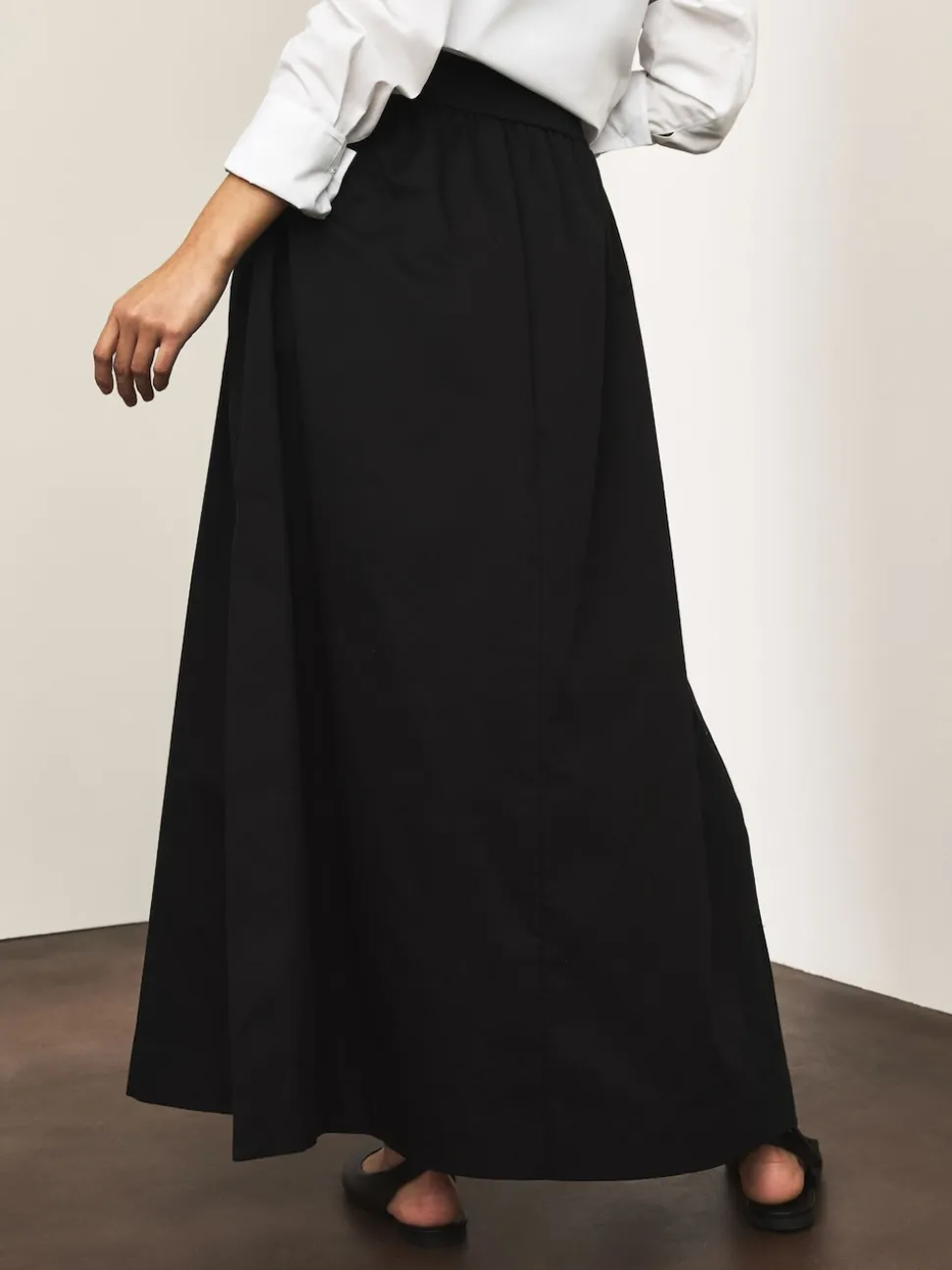 Noir - Jupe mi-longue en coton Blend à taille élastique