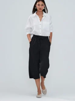 Noir - Jupes-culottes en lin mélangé à taille nouée