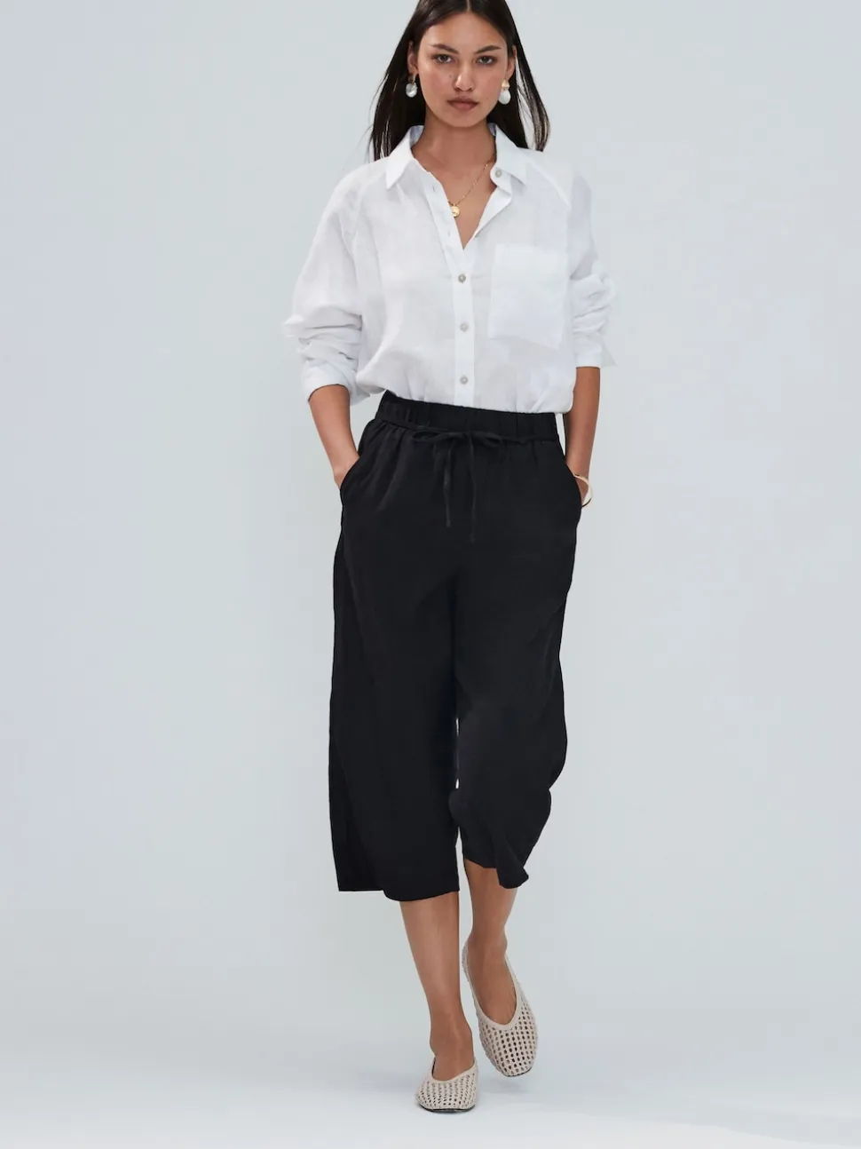 Noir - Jupes-culottes en lin mélangé à taille nouée