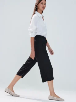 Noir - Jupes-culottes en lin mélangé à taille nouée