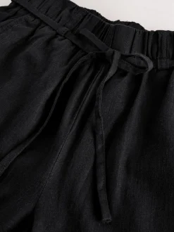 Noir - Jupes-culottes en lin mélangé à taille nouée