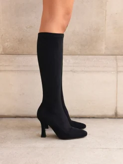 Noir - Linzi Gabrielle High Leg Extensible Faux suède Bottes