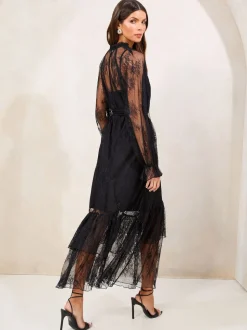 Noir - Lipsy Lace Volants Manches longues Mi-long Robe