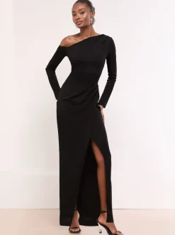 Noir - Lipsy Robe longue à manches longues sur l’épaule rassemblée