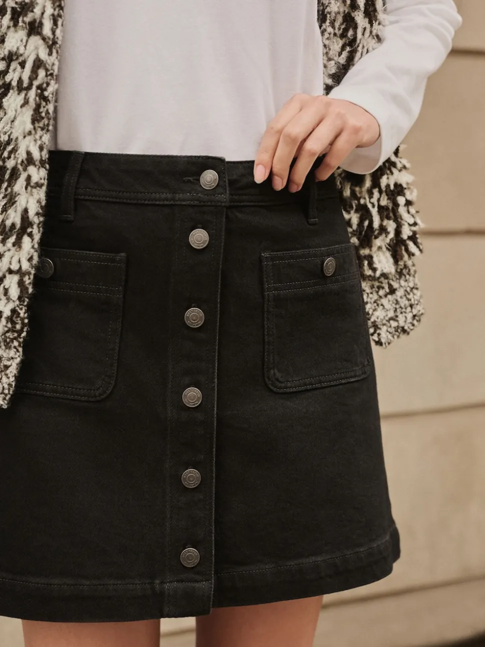 Noir - Minijupe Denim à poches plaquées