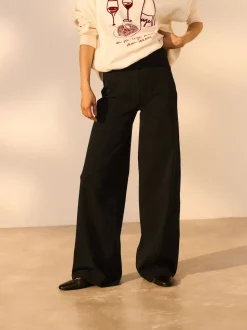 Noir - Pantalon large en denim de jersey