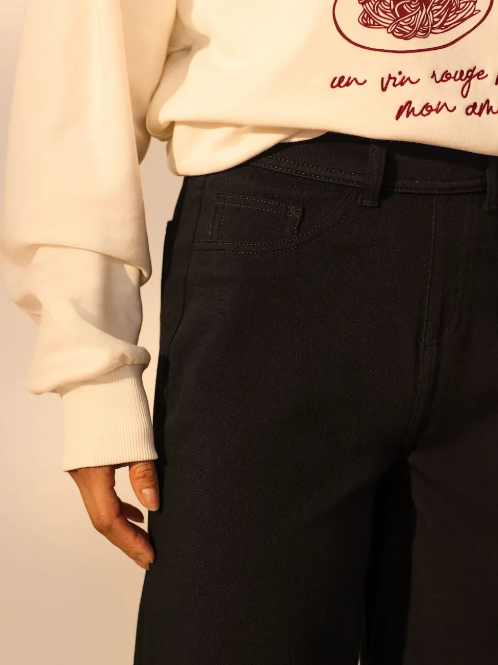 Noir - Pantalon large en denim de jersey