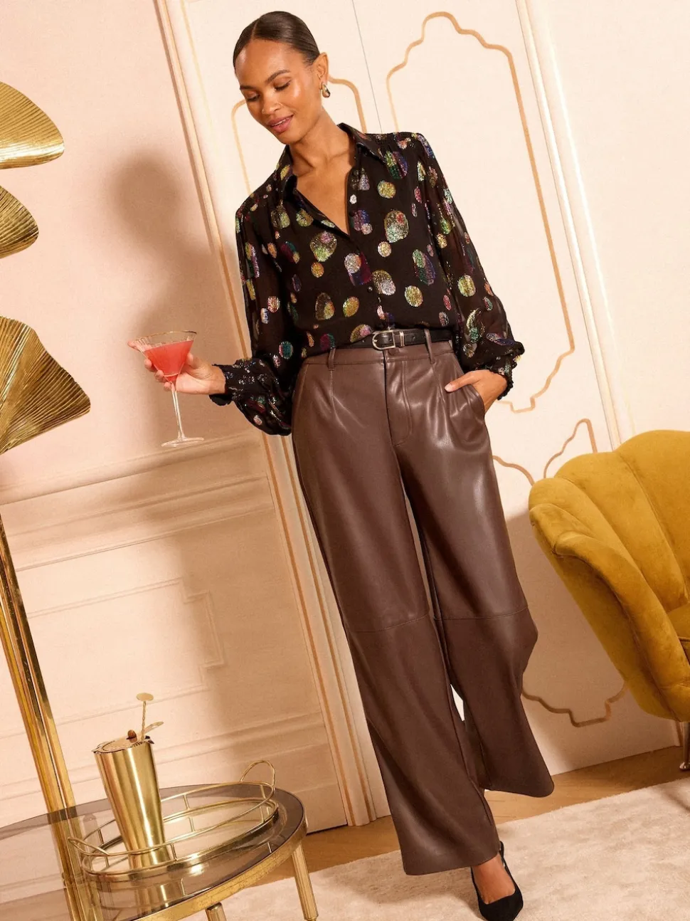 Noir à pois métallisés - Chemise Love & Roses imprimée à manches longues