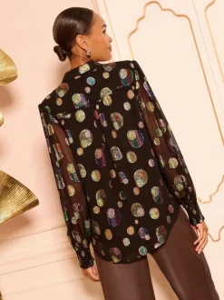 Noir à pois métallisés - Chemise Love & Roses imprimée à manches longues