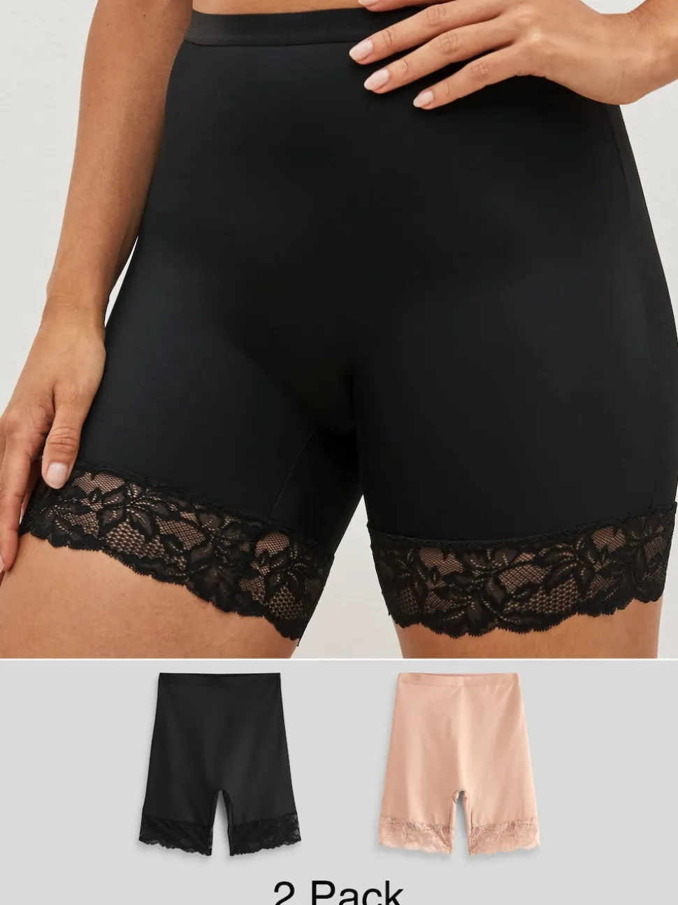 Noir / Praline Nude - Bermuda léger et galbant avec dos en dentelle pour le contrôle du ventre 2 Pack