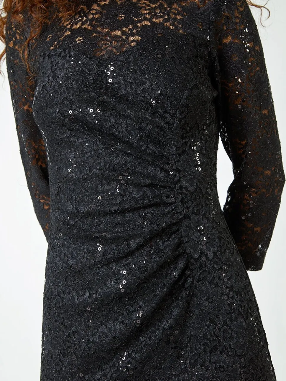 Noir - Robe extensible froncée en dentelle à sequins Roman