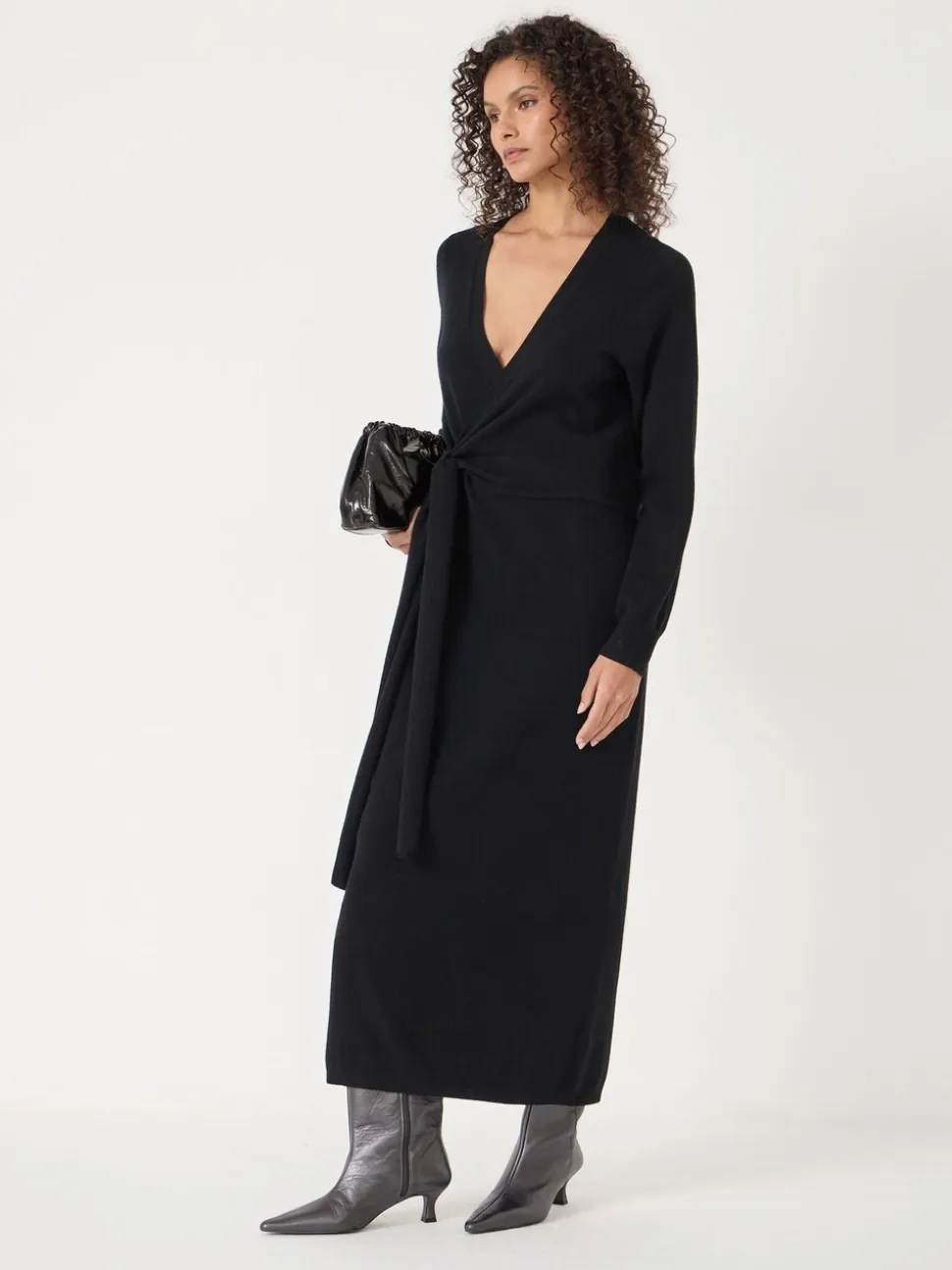 Noir - Robe Hush en mérinos à Col en V et détail noué