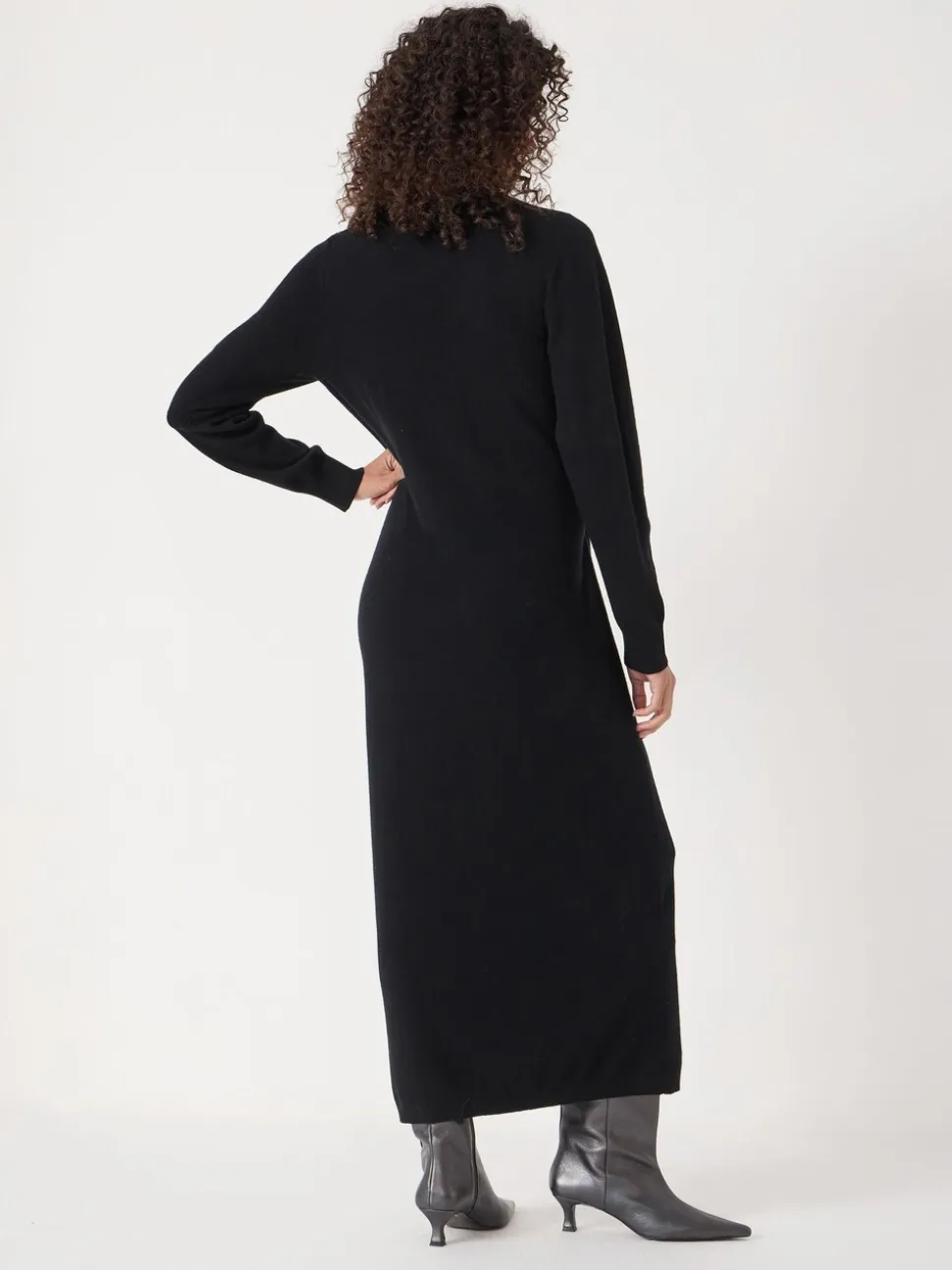 Noir - Robe Hush en mérinos à Col en V et détail noué