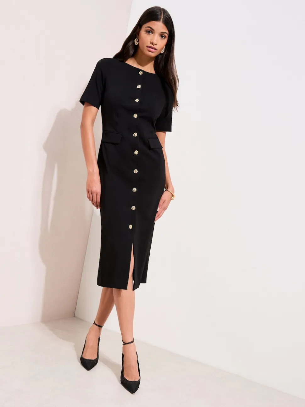 Noir - Robe mi-long Friends Like These extensible sculptante à boutons