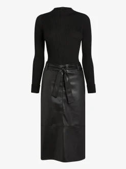 Noir - Robe mi-longue à ceinture nouée en similicuir