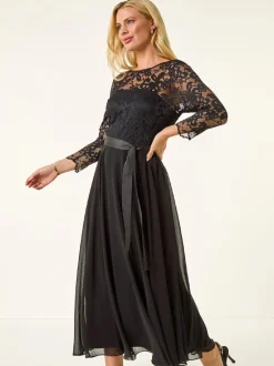 Noir - Robe Roman Petites tailles à corsage contrastant en dentelle