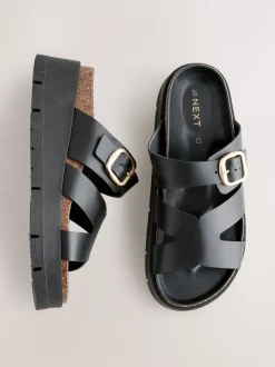 Noir - Sandales à bride en cuir avec boucle