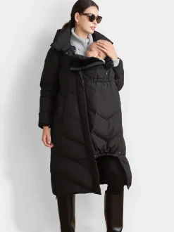 Noir - Seraphine 3-en-1 Long manteau Grossesse à chevrons