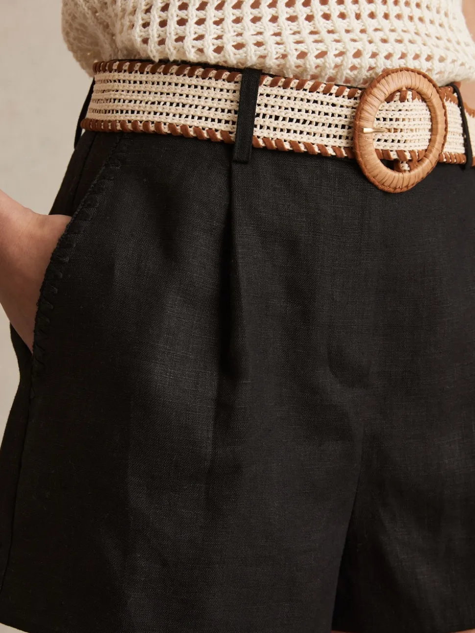 Noir - Short Reiss Beau en lin plissé à ceinture
