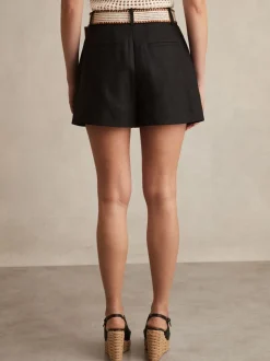 Noir - Short Reiss Beau en lin plissé à ceinture