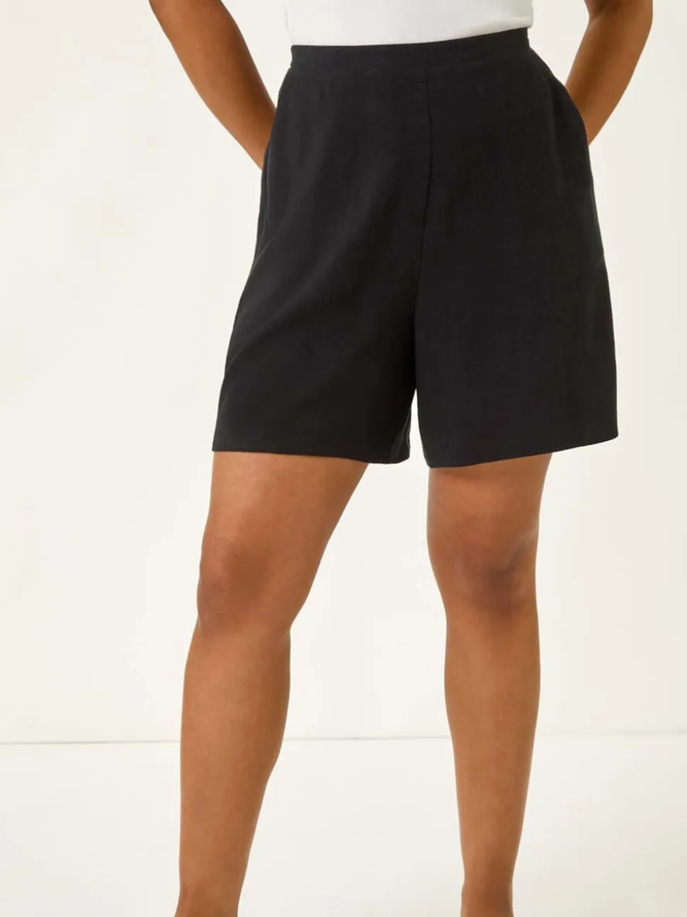 Noir - Shorts Roman Petites tailles en lin mélangé à taille élastique