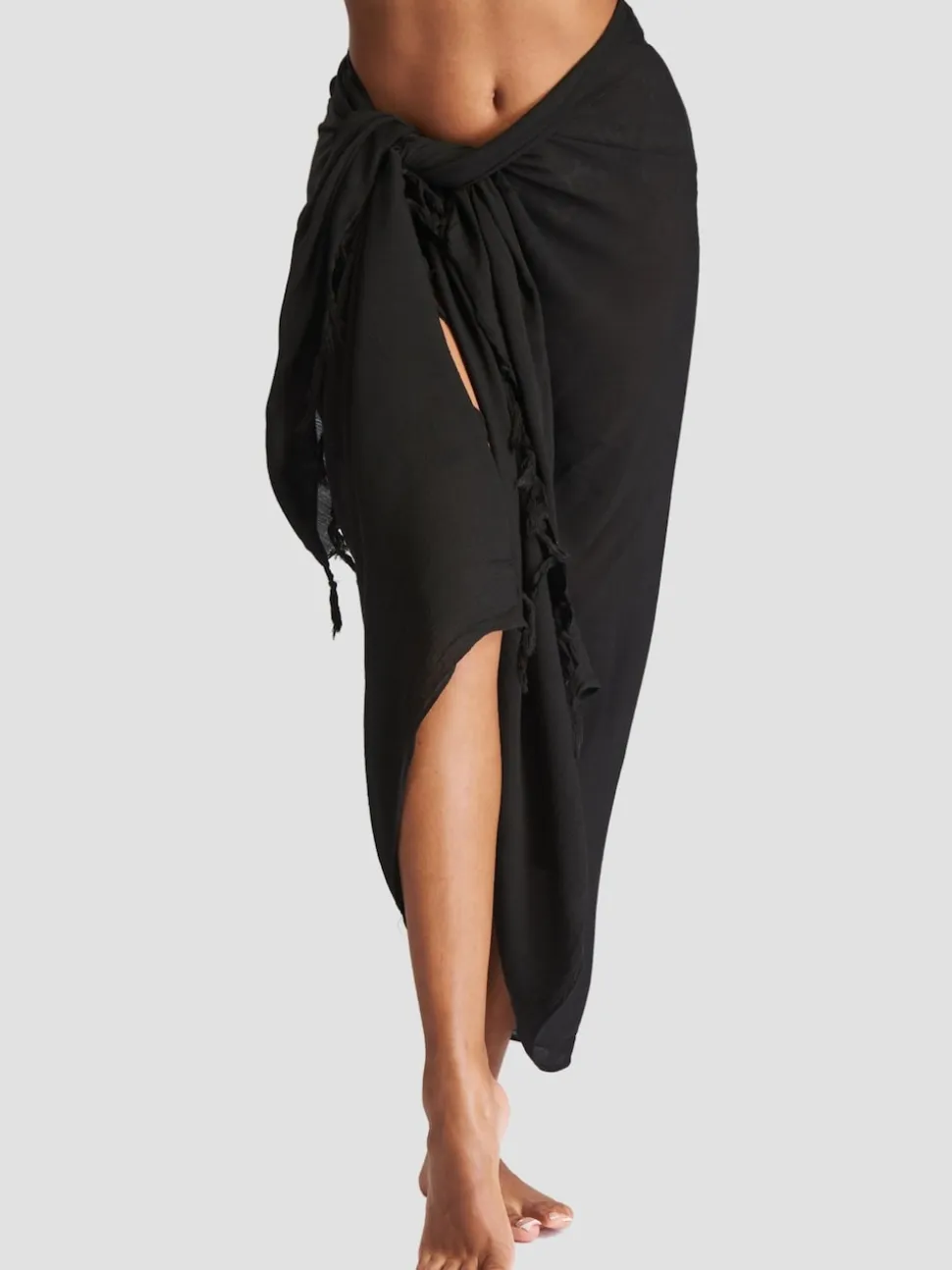 Noir - South Beach Dissimuler le sarong froissé à franges en viscose