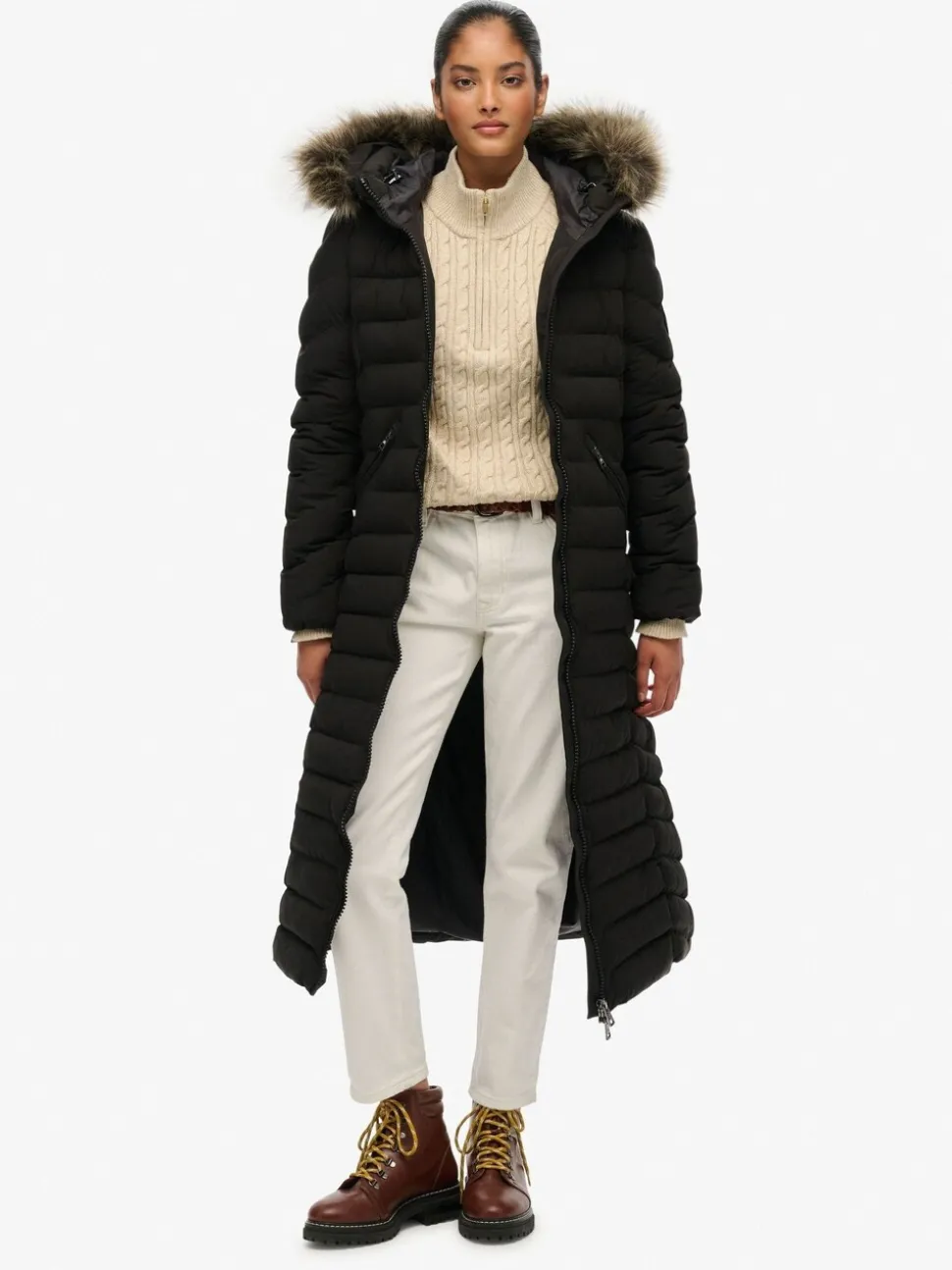 Noir - Superdry Fuji Manteau long en fausse fourrure à capuche