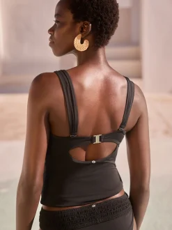 Noir - Tankini bandeau à larges bretelles avec contrôle du ventre