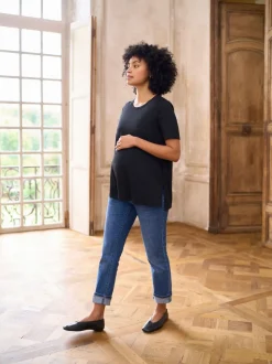 Noir - T-shirt Grossesse Seraphine en modal de coton à manches courtes