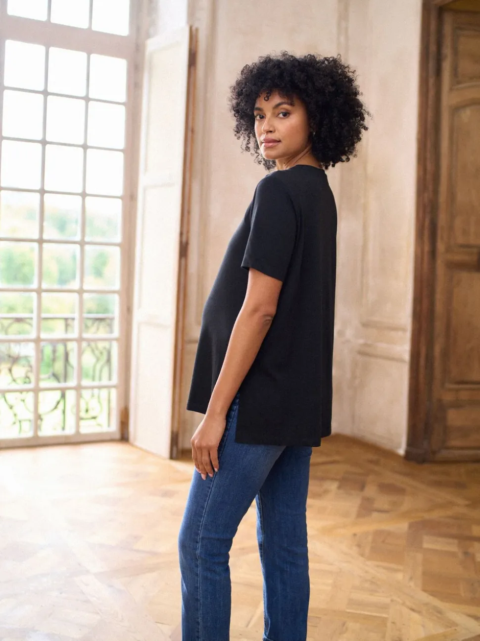 Noir - T-shirt Grossesse Seraphine en modal de coton à manches courtes