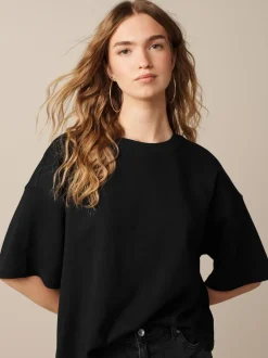 Noir - T-shirt oversize décontracté boxy épais à col ras du cou