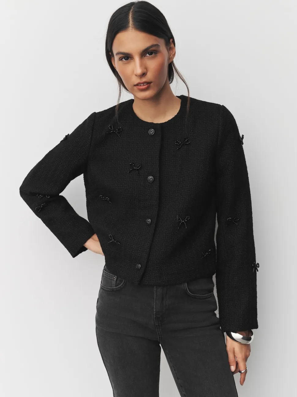 Noir - Veste en boucle à nœud et perles
