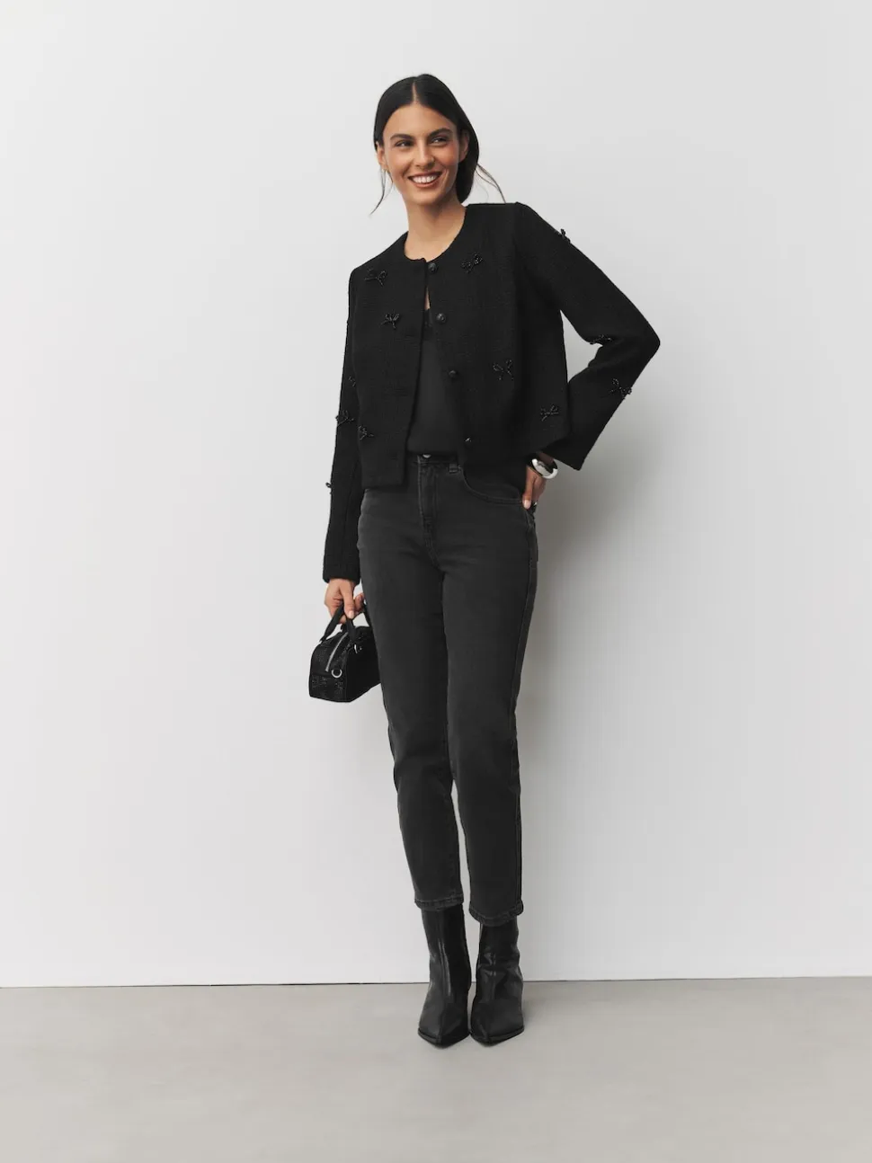 Noir - Veste en boucle à nœud et perles