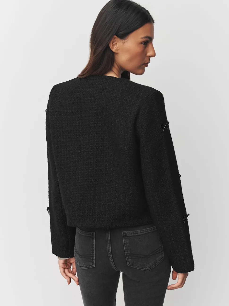 Noir - Veste en boucle à nœud et perles