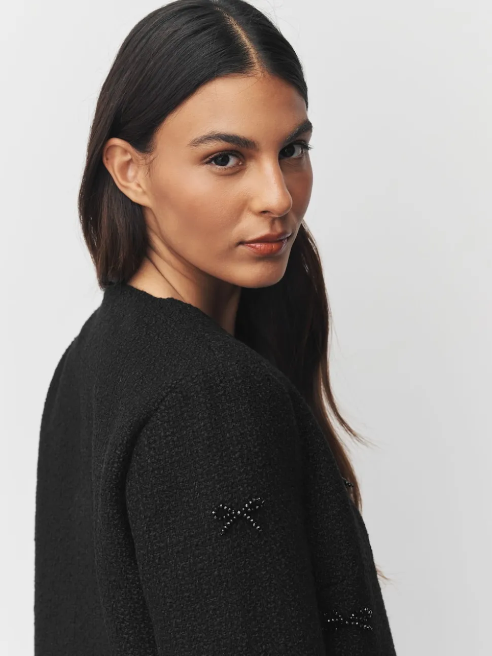 Noir - Veste en boucle à nœud et perles