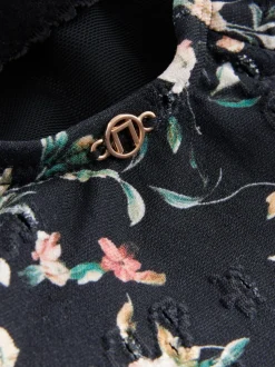 Noir broderie Ditsy - Maillot de bain gainant le ventre froncé