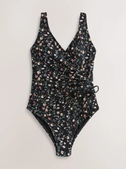 Noir broderie Ditsy - Maillot de bain gainant le ventre froncé