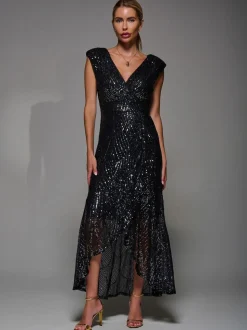 Noir chrome - Robe longue Jolie Moi à sequins et ourlet asymétrique à volants
