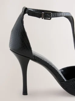 Noir effet lézard - Chaussures à talons en cuir à bout pointu