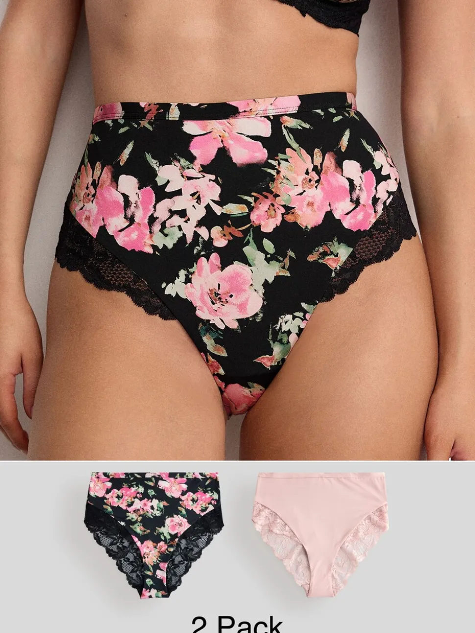 Noir fleuri/rose - Lot de 2 culottes taille haute en microfibre et dentelle