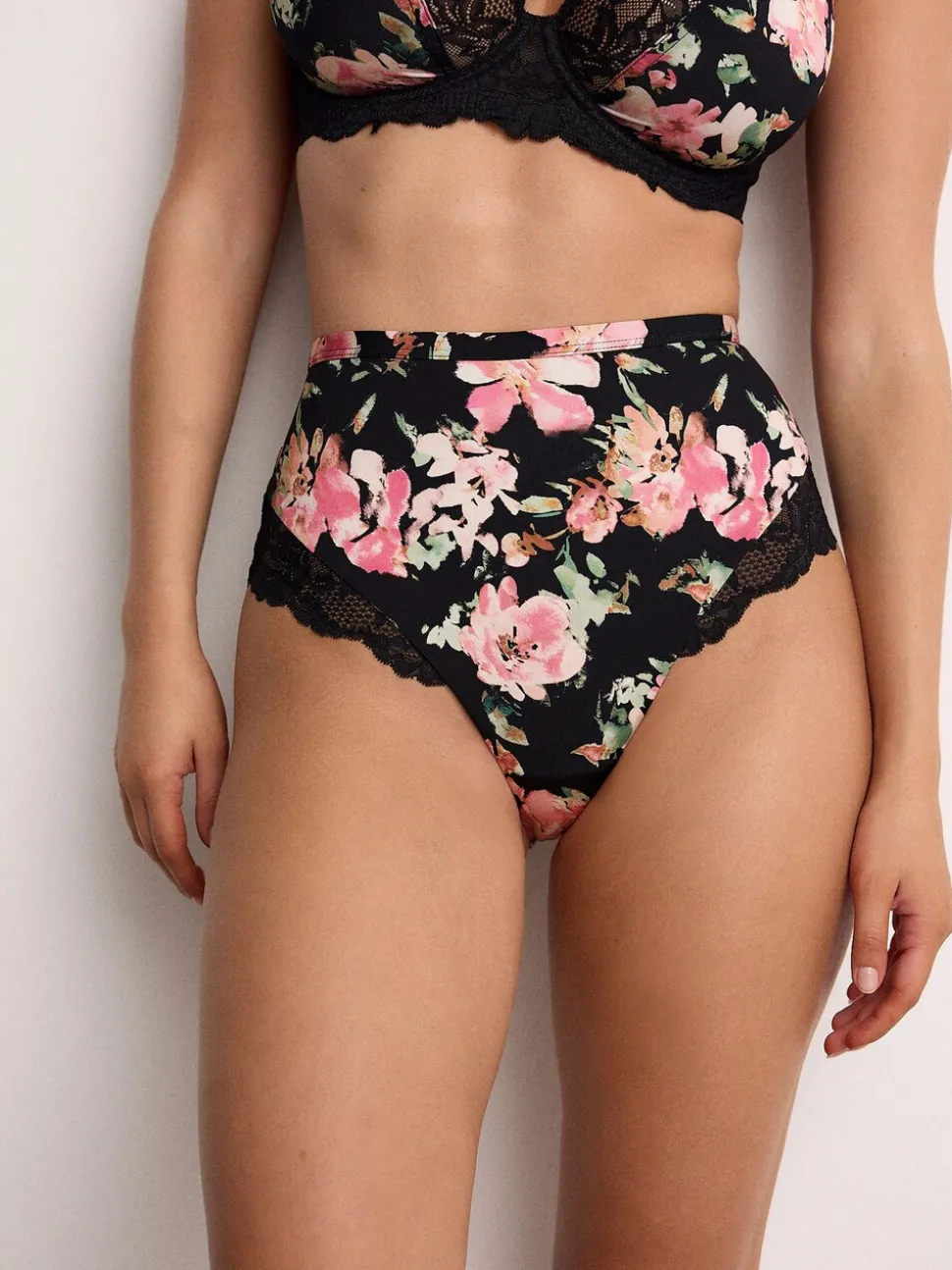 Noir fleuri/rose - Lot de 2 culottes taille haute en microfibre et dentelle