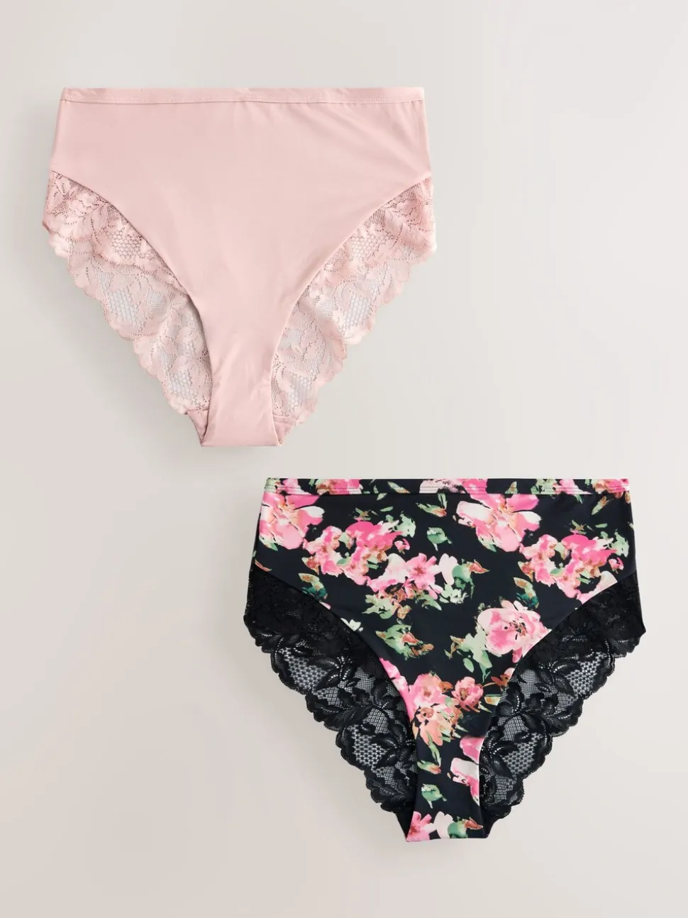 Noir fleuri/rose - Lot de 2 culottes taille haute en microfibre et dentelle