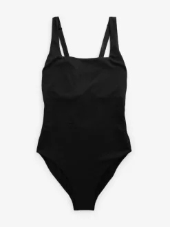 Noir texturé - Maillot de bain à encolure carrée DD+ à armatures avec contrôle du ventre