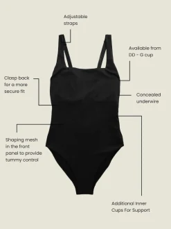 Noir texturé - Maillot de bain à encolure carrée DD+ à armatures avec contrôle du ventre