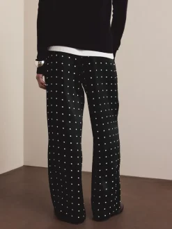 Noir/Blanc à pois - Pantalons en satin à jambe large et taille ceinturée